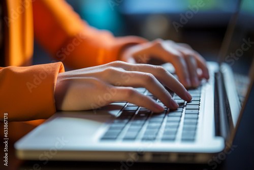 A close-up of the woman's hands typing on a keyboard, multitasking with ease  photo