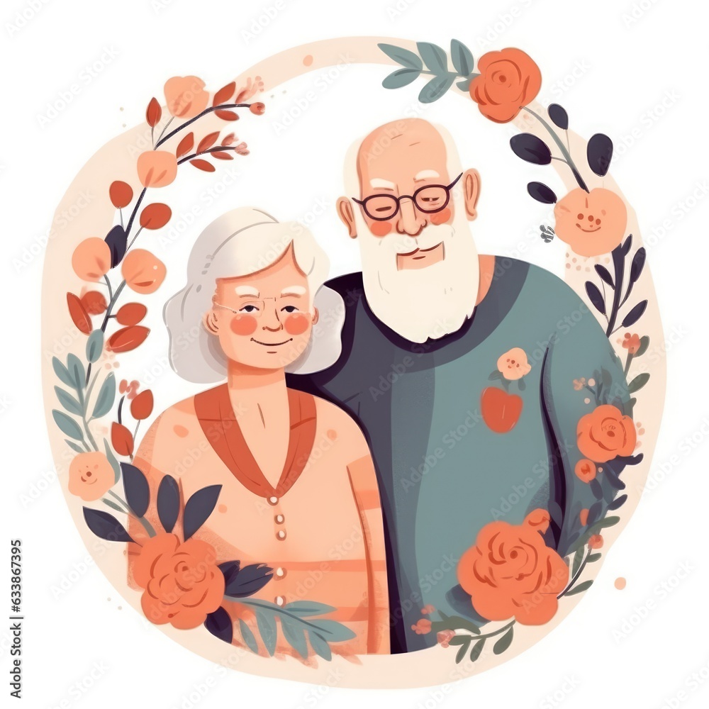 old couple, grandparents next to each other, smiling, around a frame of flowers, happy grandparents day illustration. Ai generated