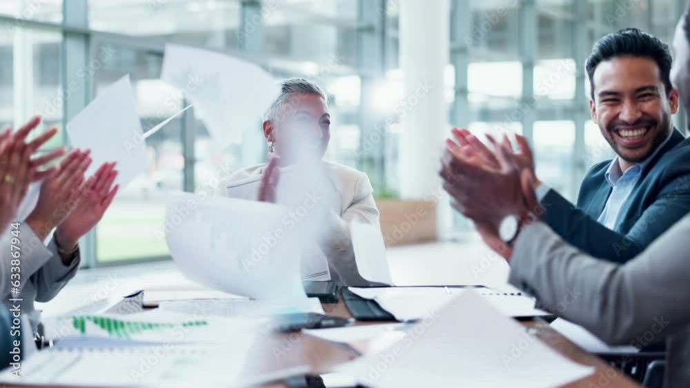 Business people, throw documents and meeting success, celebration or news of project, bonus and applause. Winner, yes and wow of manager, group of men and women or employees clapping and paper in air