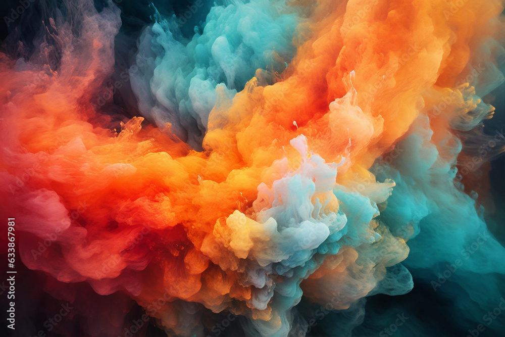 Fototapeta premium Abstract dramatic watercolor cloudscape background with orange and cyan clouds. Generative AI 