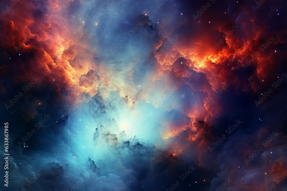 Fototapeta premium Abstract dramatic watercolor cloudscape background with orange and cyan clouds. Generative AI