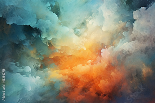 Abstract dramatic watercolor cloudscape background with orange and cyan clouds. Generative AI 