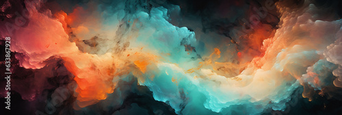 Abstract dramatic watercolor cloudscape background with orange and cyan clouds. Generative AI  