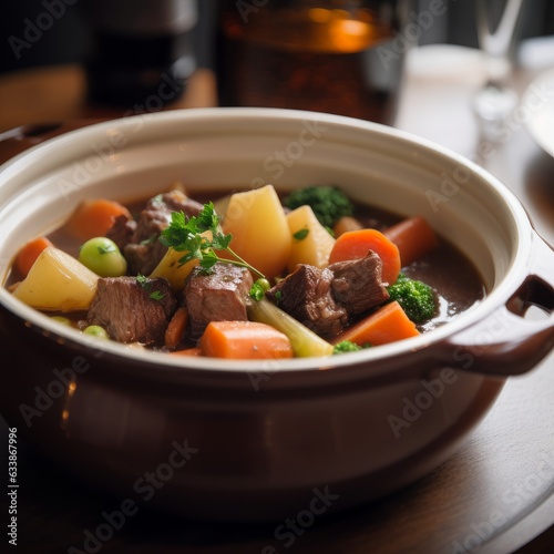 A hearty beef stew in a ceramic bowl