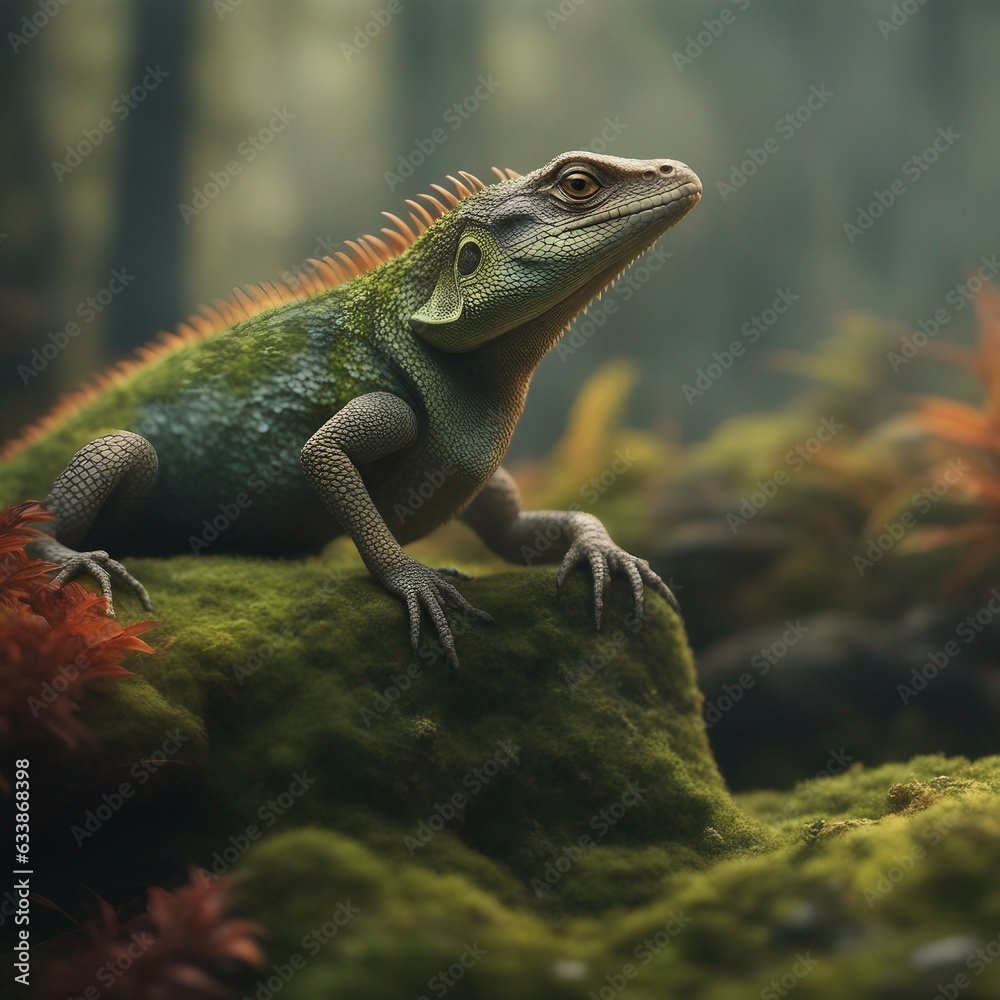 A macro portrait photo of a gentleman lizard lounging on a moss covered rock, shiny scales A macro portrait photo of a gentleman lizard lounging on a moss covered rock, shiny scales
