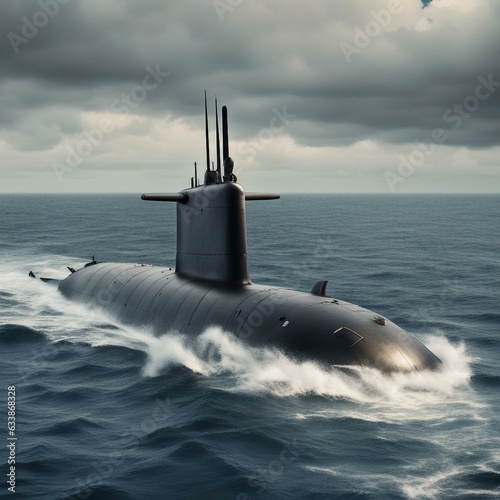 Military submarine sailing on the waves of the ocean