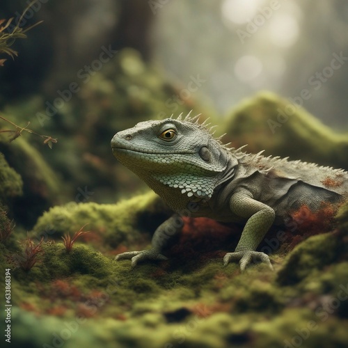 A macro portrait photo of a gentleman lizard lounging on a moss covered rock  shiny scales