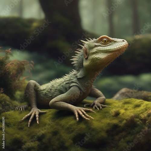 A macro portrait photo of a gentleman lizard lounging on a moss covered rock, shiny scales