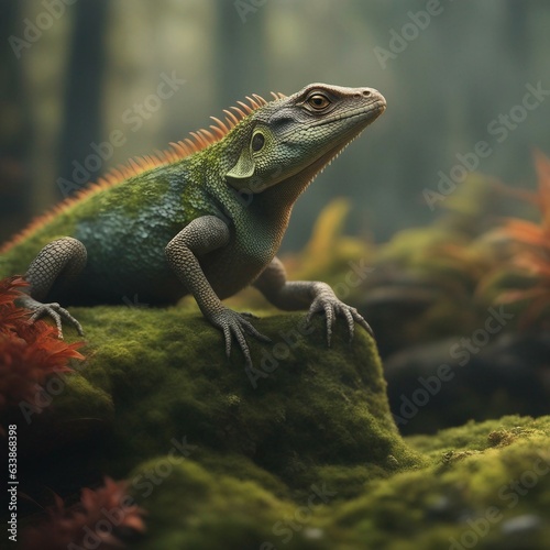 A macro portrait photo of a gentleman lizard lounging on a moss covered rock, shiny scales