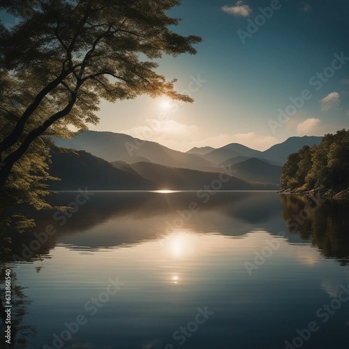 Sunmoon lake_A beautiful landscape with a lake in the center, sun shining on the water and sunlight