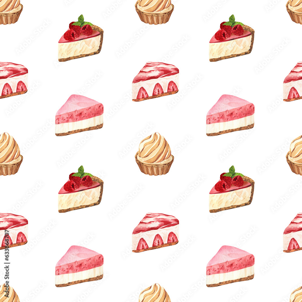 Watercolor seamless pattern desserts, piece of cheesecake with fresh strawberries. Hand-drawn illustration isolated on white background. Perfect food menu, food drawing, design packing, print