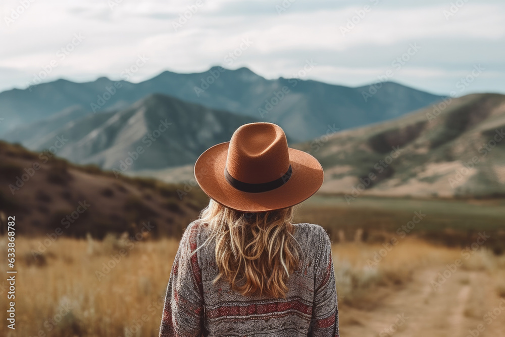 Girl traveler in a yellow hat stands with her back and looks at the mountains. Generative AI