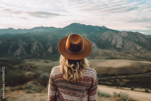 Girl traveler in a brown hat stands with her back and looks at the mountains. Generative AI