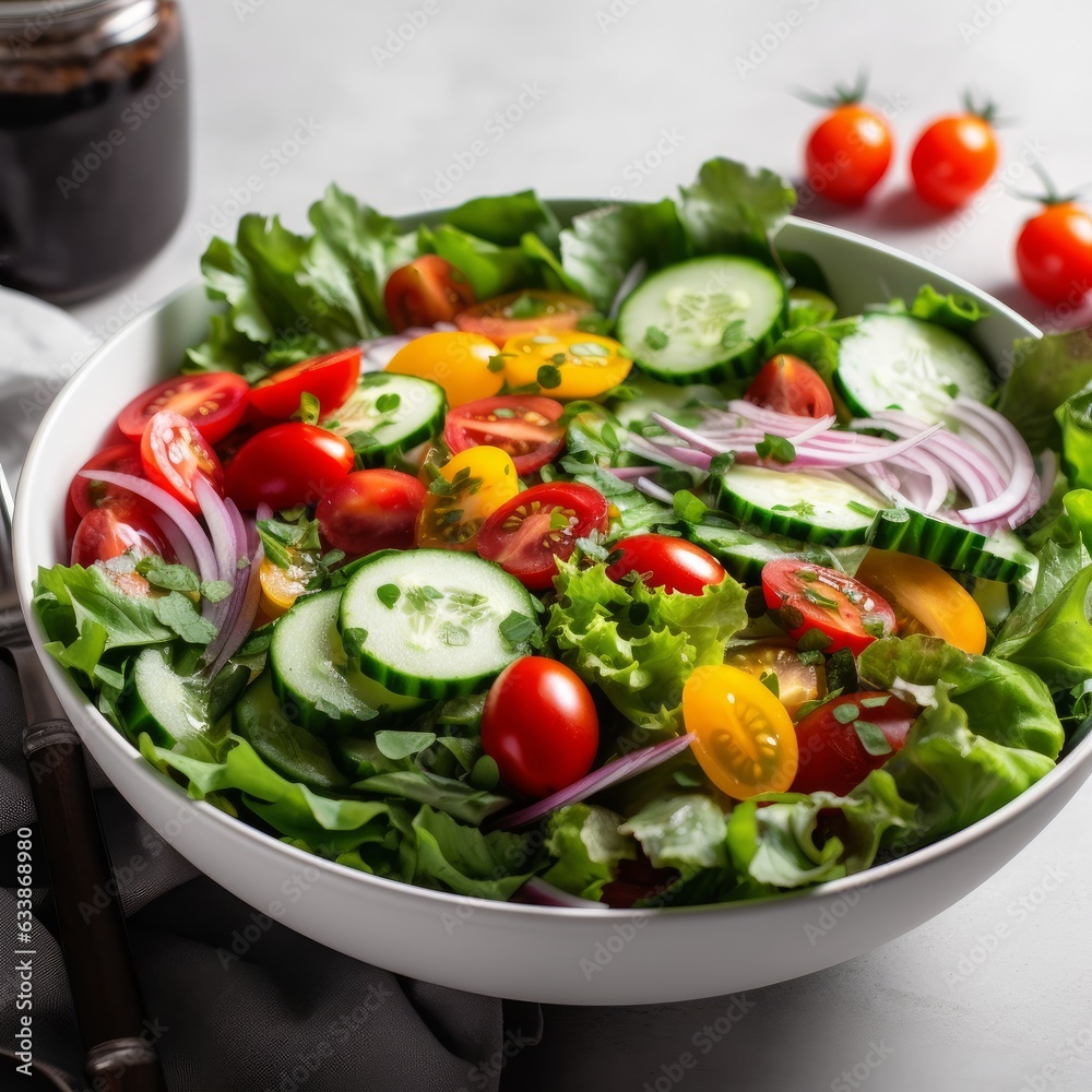 A colorful salad with fresh greens tomatoes and cucumbers