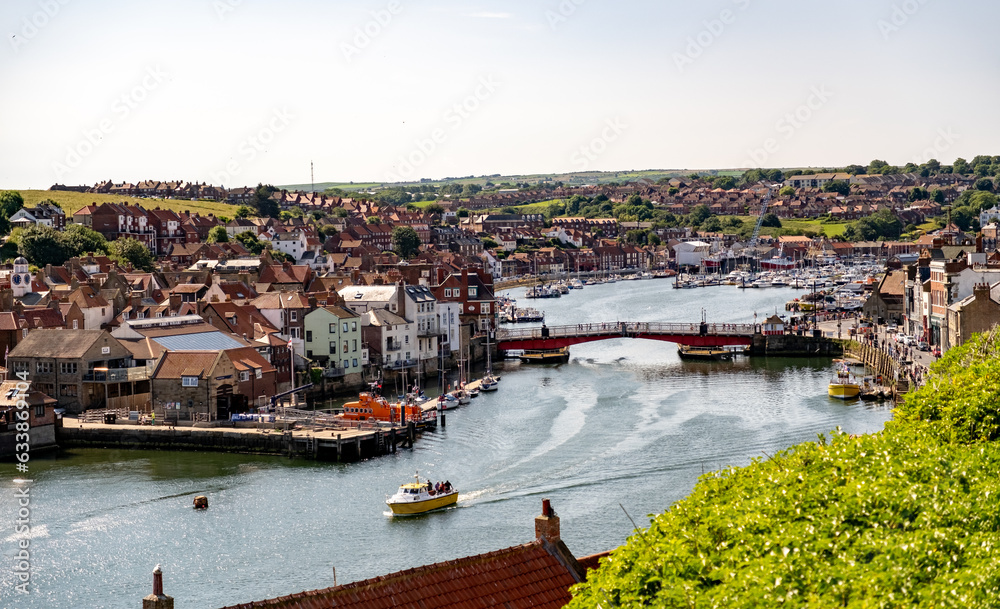 View over Whitby harbour on the North Yorkshire coast. Captured from the cliff tops above