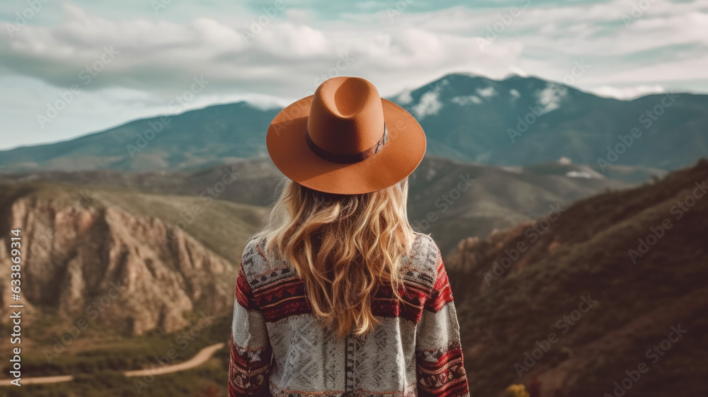 Girl traveler in an orange hat stands with her back and looks at the mountains. Generative AI