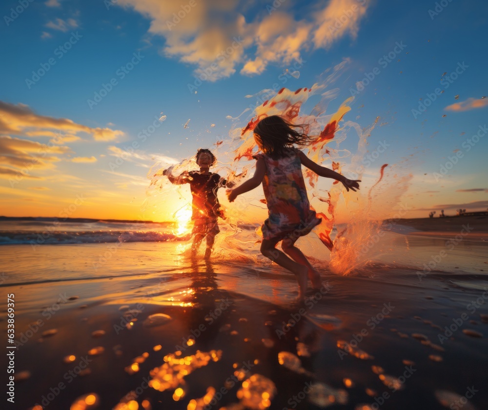 Fototapeta premium kids are playing on the beach, summer, sea, and sunset on the beach