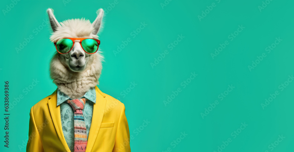 Fototapeta premium Cool looking llama or alpaca wearing funky fashion dress - jacket, tie, glasses. Wide banner with space for text at side. Stylish animal posing as supermodel. Generative AI