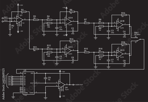 Schematic diagram of electronic device.
Vector drawing electrical circuit with operational amplifier,  resistor, capacitor, switch, integrated circuit
and other electronic components.