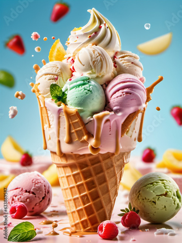 colorful ice cream, ice cream with sauce flowing, quality ice cream image for advertising.