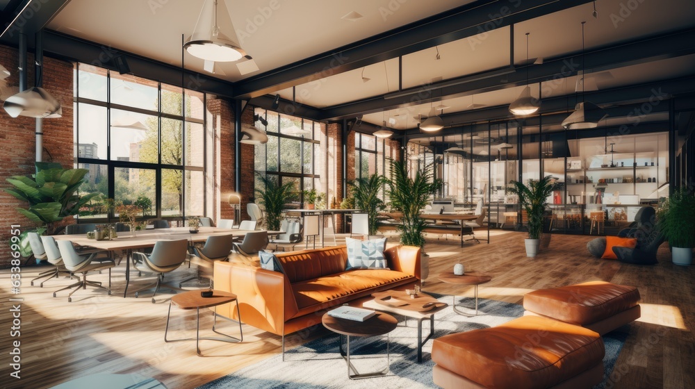 Modern spacious coworking space. Generative AI Modern spacious coworking space. Generative AI