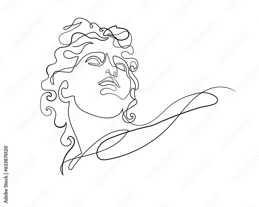 Apollo - continuous one line drawing, isolated vector image of antique statue. Phoebus, God of the Sun, patron of art and the Muse. Symbol of handsome and beauty male in minimalistic modern style