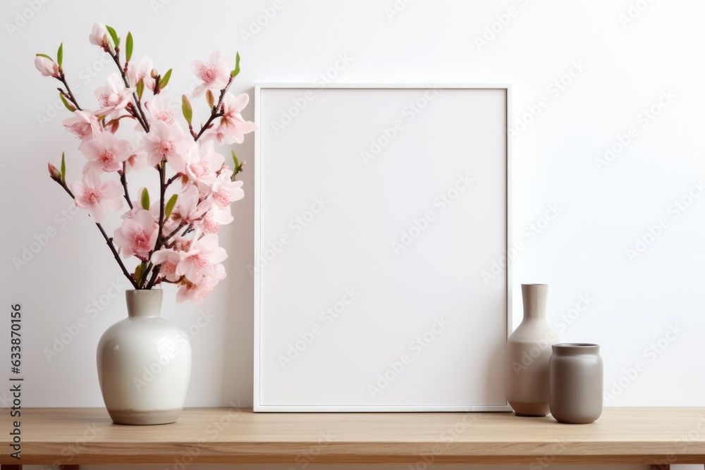 Mockup frame, Orchid-Filled Kitchen Mockup on White Background. Generative AI