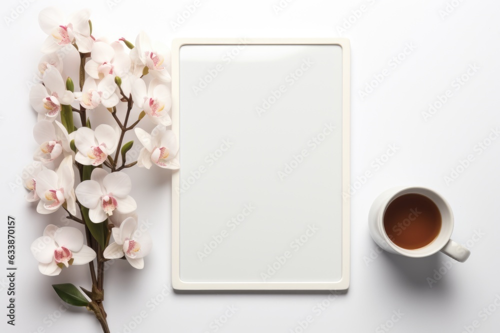 Mockup frame, Orchids add a touch of grace to the mockup frame's kitchen depiction against a clean white background. Generative AI