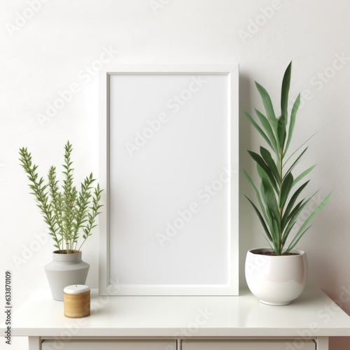 Mockup frame, Experience the allure of contrast as a white frame highlights a striking white photograph, adding a contemporary touch to any space. Generative AI © Ivy