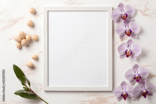 Mockup frame  Kitchen Mockup Frame Featuring Orchids on a Clean White Background. Generative AI