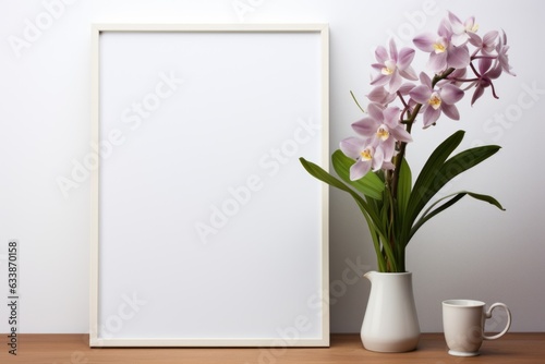 Mockup frame, Orchids add a touch of grace to the mockup frame's kitchen depiction against a clean white background. Generative AI