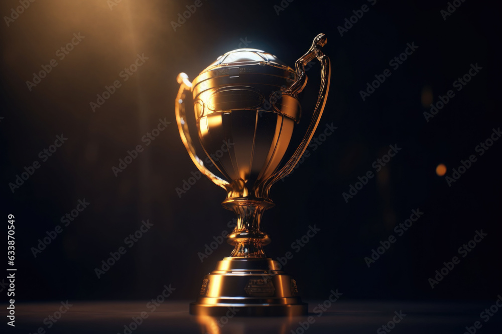 A champions trophy. Golden cup, fire and falling confetti, sport award. Generative AI illustration