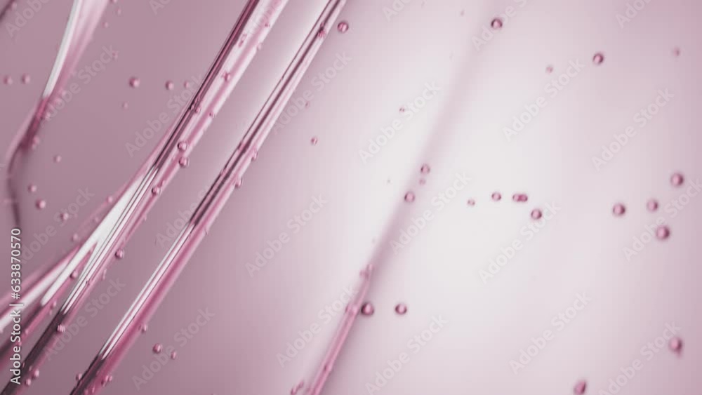 Pink gel flow texture. Rose serum toner or oil. Liquid gel moisturizer with bubbles macro. Clear cosmetic cream or face serum. Abstract background for cosmetics commercial product