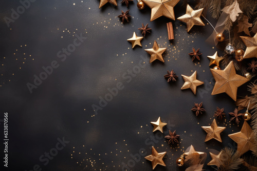 Christmas gingerbread decorations on dark background, top view. AI generated