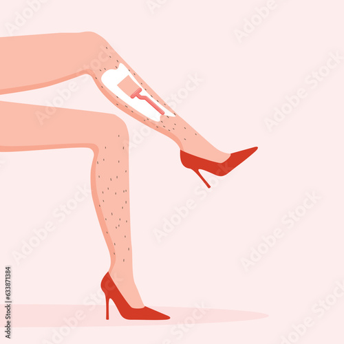 Woman removing hair from legs. Shaving with razor. Epilation advertisement poster. Female hairy legs in a high red heels. Vector illustration.