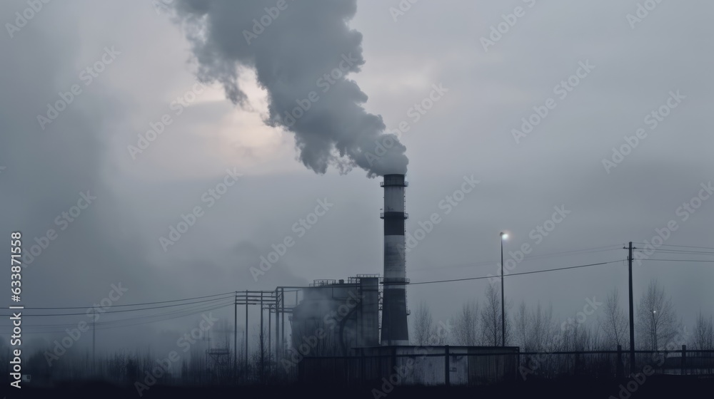 gray smoke from an industrial chimney rises into the gray sky
