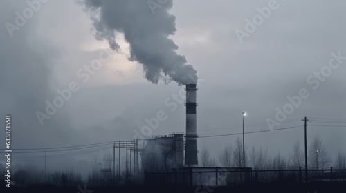 gray smoke from an industrial chimney rises into the gray sky