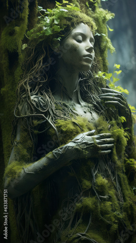 Guardian of Nature. Statue of a woman covered in green moss, plants and roots in the wood - Nymph, dryad, fairy, mystical myth and legend, spirit of the forest.