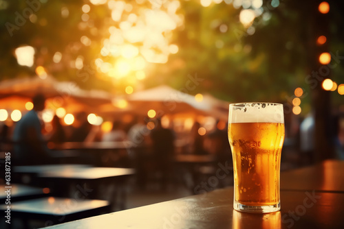 Glass of delicious cold beer on the table in outdoors restaurant. Generative AI