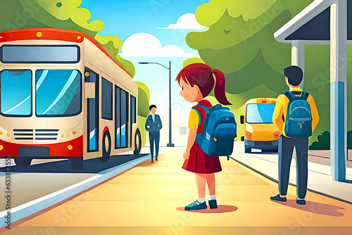 Free Vector cute girl Back to school with wearing school bag and she waiting for the bus