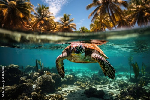 Sea turtle swimming in clear blue waters. Split view with waterline. Tropical island with palm trees in the middle of an ocean.