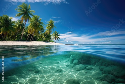 Tropical island with palm trees in the middle of an ocean and underwater life. Split view with waterline.