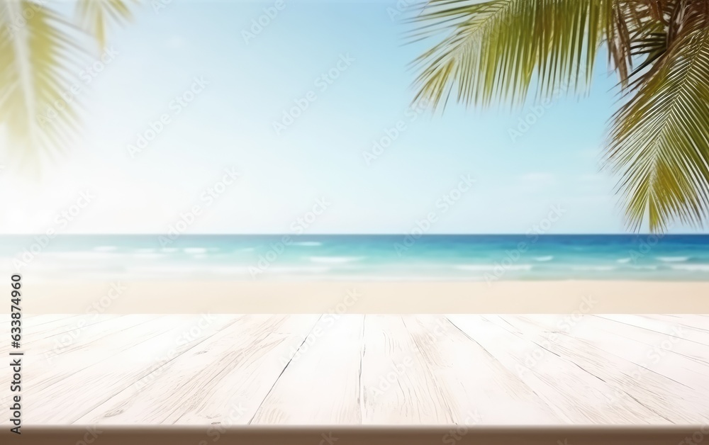 Empty white wooden table with blurred tropical beach background. Generative AI Empty white wooden table with blurred tropical beach background. Generative AI