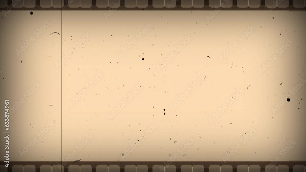 Vintage looping film strip background. 4K reel clutter old tv grain noise frame. Videotape texture overlay with scratches and dirt stains. Lens flare light leaks effect