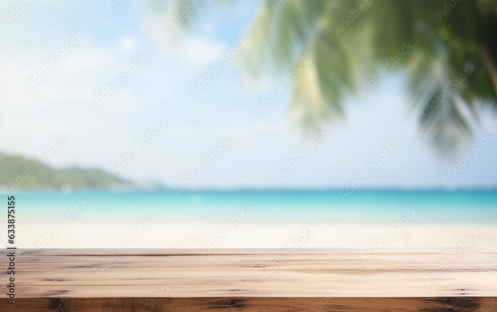 Empty white wooden table with blurred tropical beach background. Generative AI