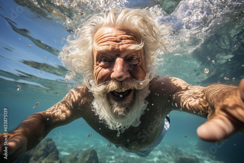 Senior old man snorkeling at the ocean over coral reefs, Caribbean underwater, tropical paradise, exotic fish, travel concept, active lifestyle concept