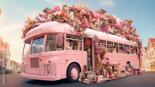 A pink van full of good books and beautiful flowers parked on the street. Bright pastel colours. Academic and cute.  Generative AI