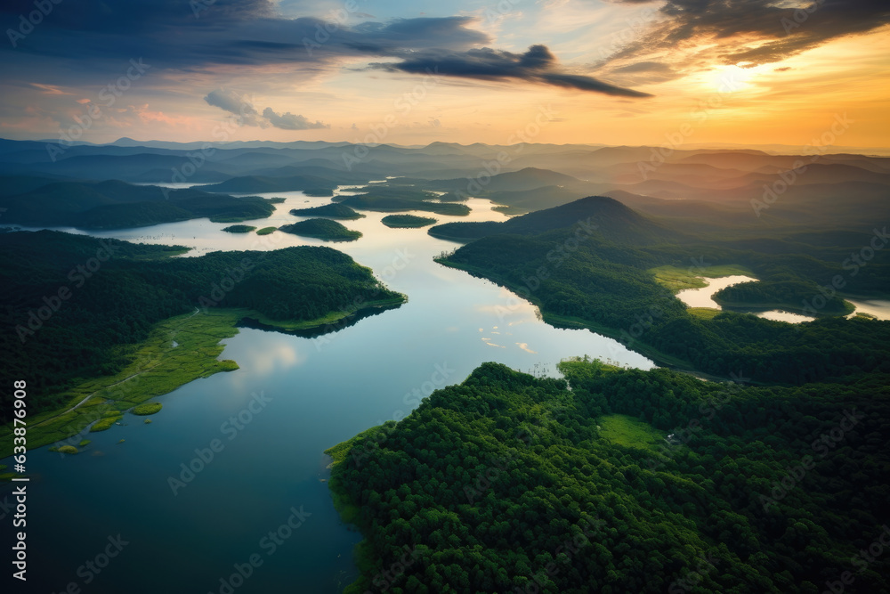 Serenity at Dusk: A Majestic Bird's-Eye View of a Tranquil, Glistening Lake Surrounded by Lush Greenery
