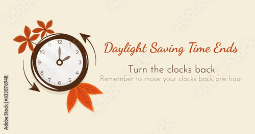 Turn clocks back one hour, Daylight Saving Time Ends web reminder banner. Fall Back time. Picture of clocks with arrow hand turning back an hour. Minimalist web banner