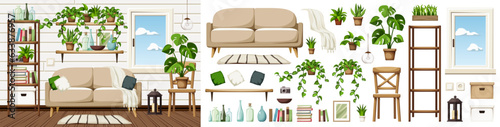 Room interior with a sofa, a shelving, bookshelves, a window, and plenty of houseplants. Scandinavian interior design. Furniture set. Interior constructor. Cartoon vector illustration